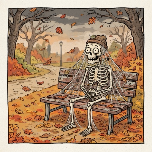 dead. skeleton still waiting on a bench